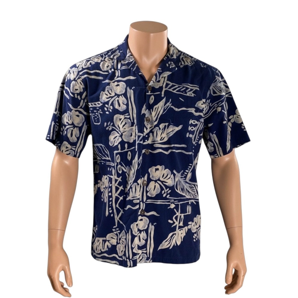 Hilo Hattie Hawaiian Aloha Shirt Medium Floral Abstract Flowers Leaves Blue Tan